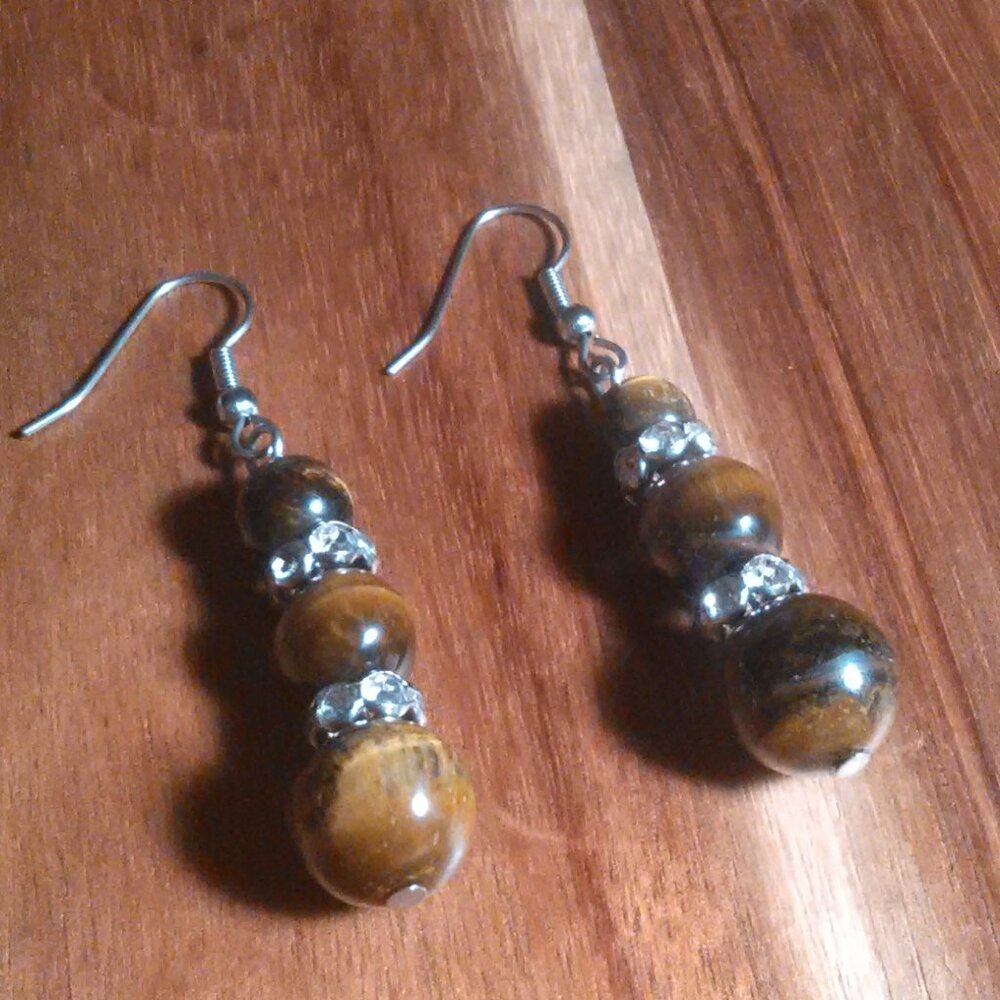 Tiger's Eye and White Crystal Stainless Steel Dangle Earrings